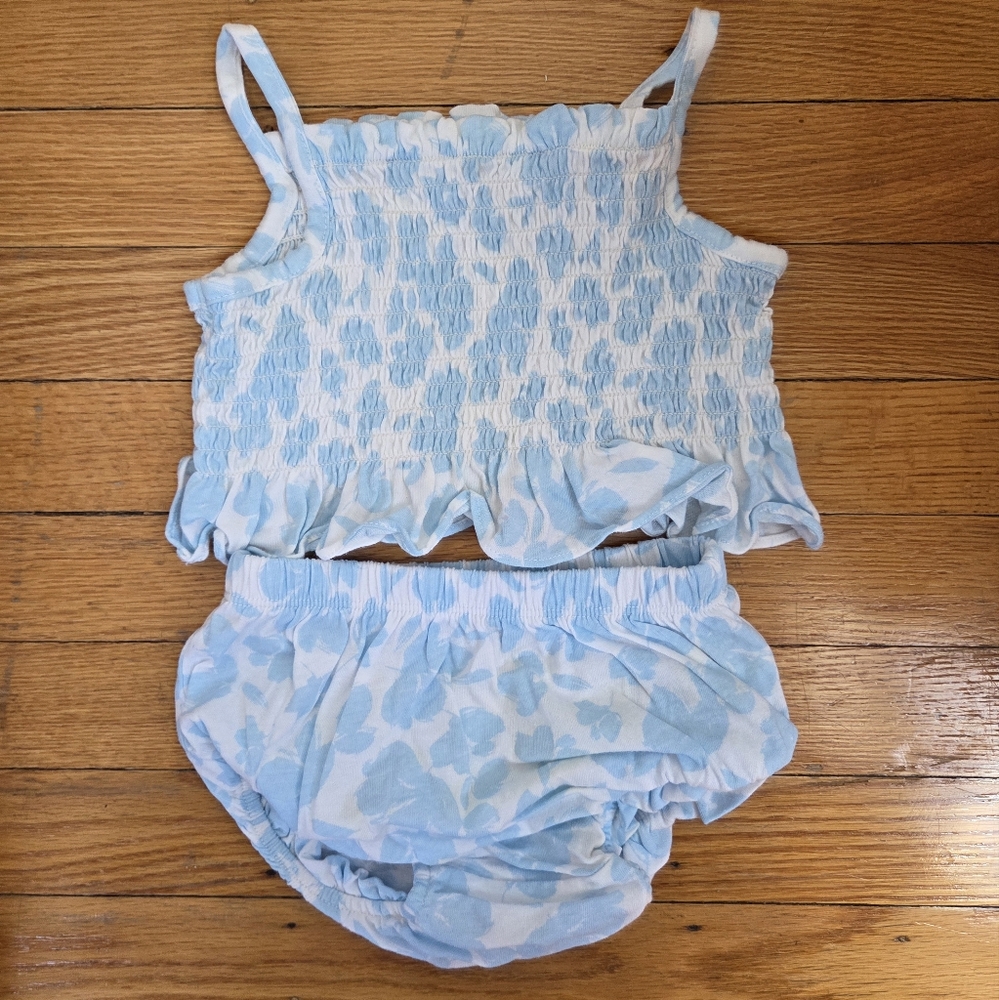 Blue and White Abstract Floral Leaf Outfit 3-6 Months Baby Girl